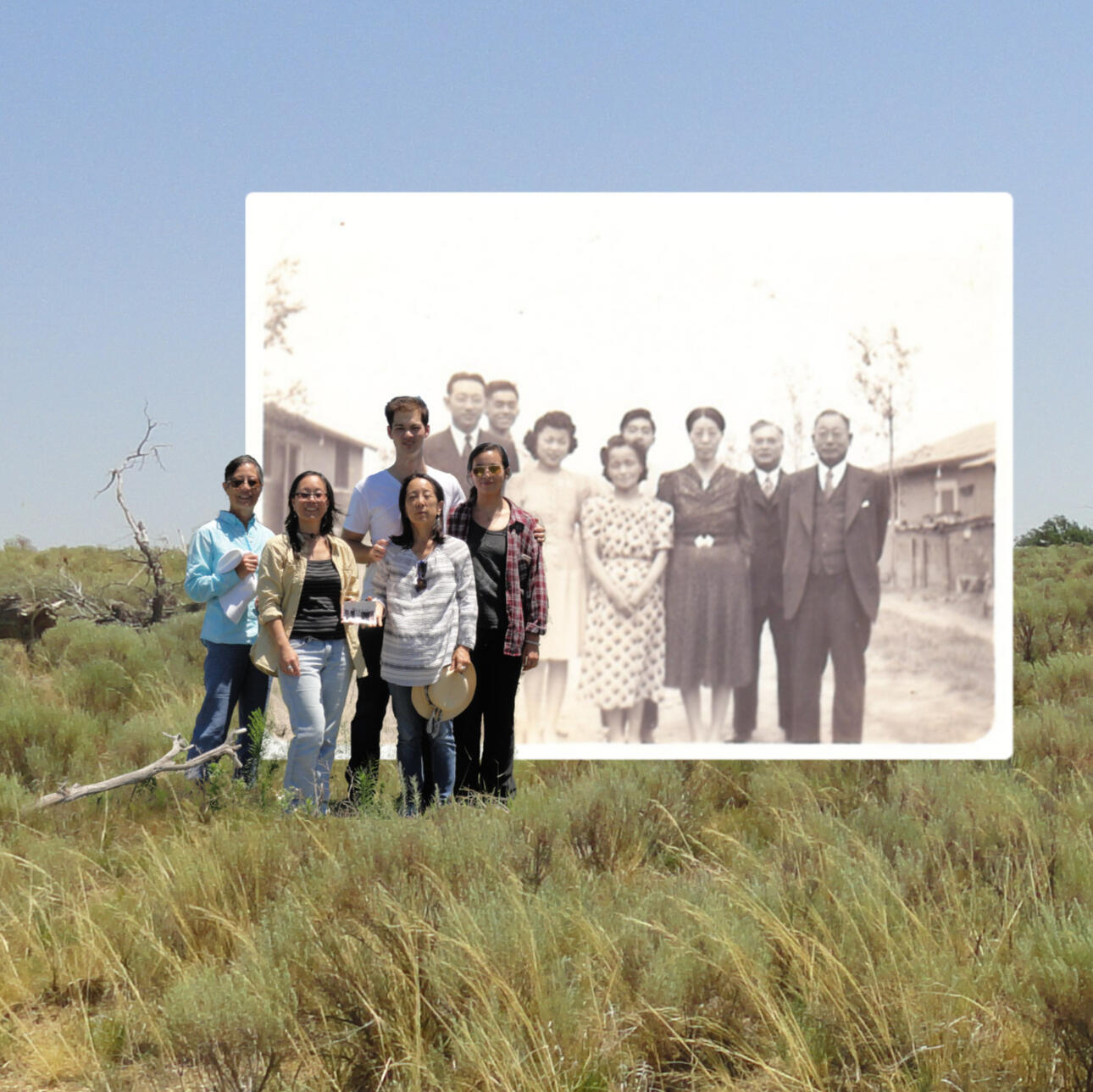 A photo with Issei and Nissei (1st and 2nd generation) relatives at Amache during WWII superimposed on the location where it was taken, with Kirsten Leong and Sansei and Yonsei (3rd and 4th generation) relatives. Photo collage by Kirsten Leong, 2016.
